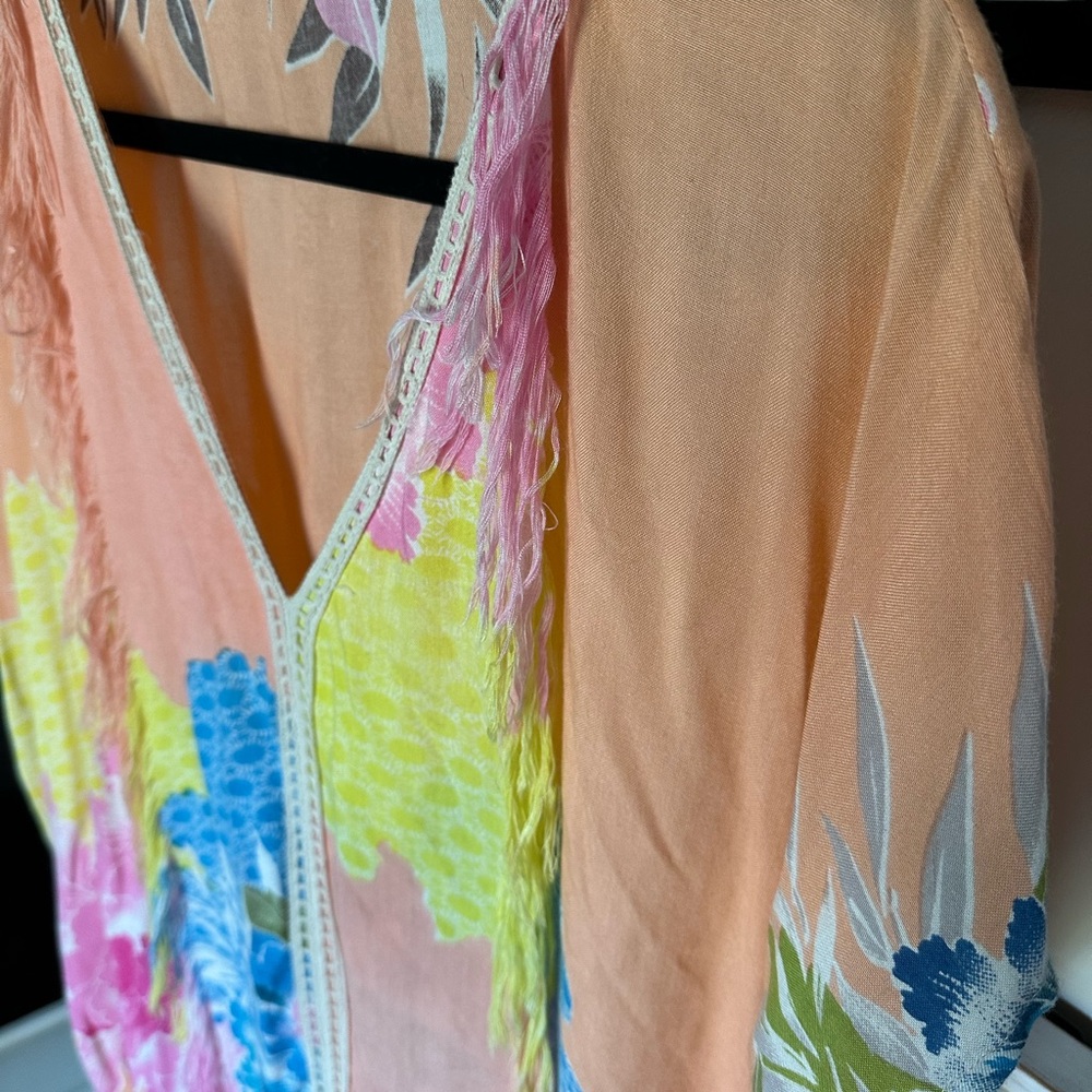 🎯 Floral Multicolor Kaftan Fringe Beach Coverup 100% viscose - Picture 3 of 7
